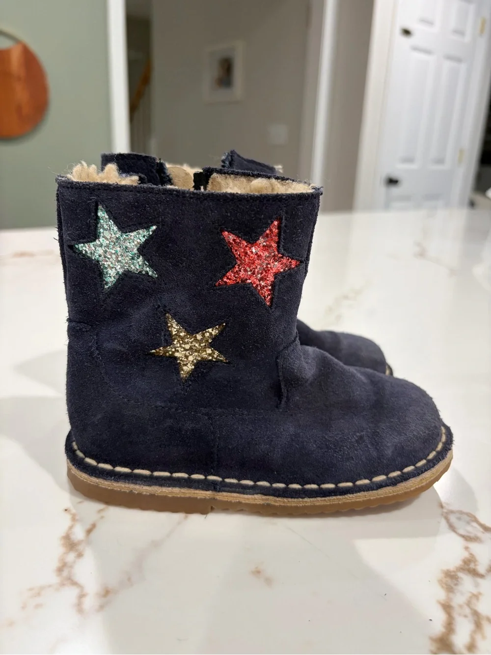 Mini Boden Navy Suede Kids Boots with Glitter Star Accents, US 8